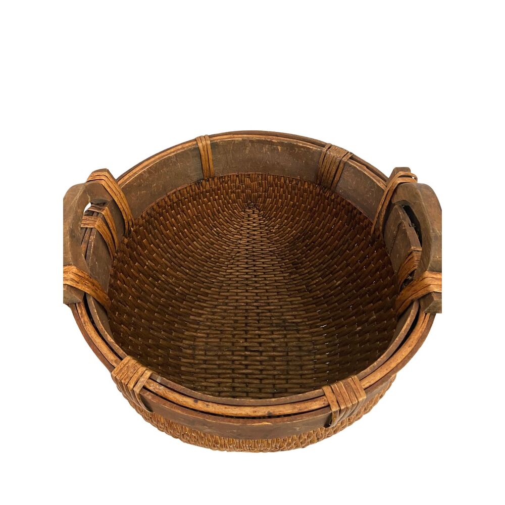 Chinese Woven Willow Rice Basket w/ 2 Wood Hand Carved Handles 19th Century - Picture 3 of 11